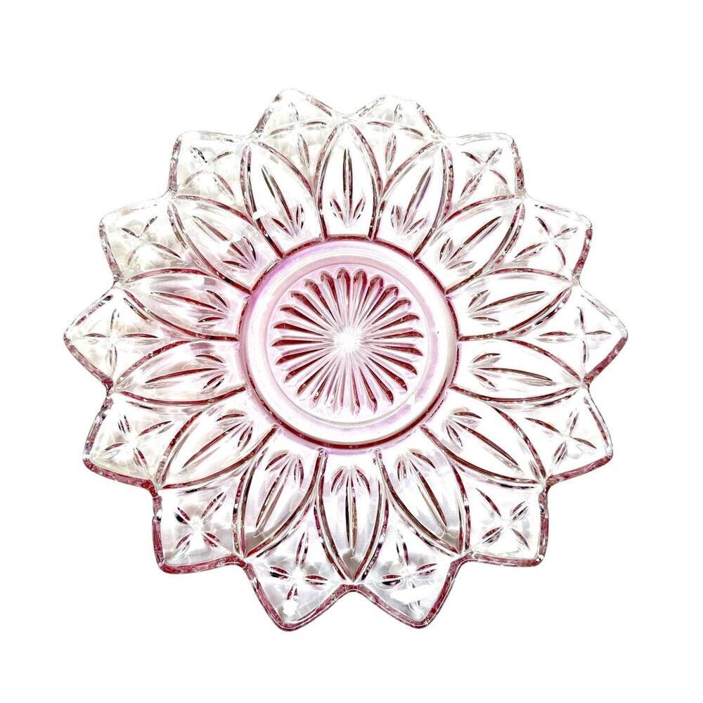 Vintage Federal Glass Pink Pressed Glass Flower Dish Plate 9 inches